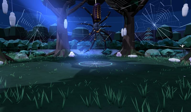 The Gilded Weaver, a giant golden orb-weaver, hanging from the moonlit canopy over her clearing.