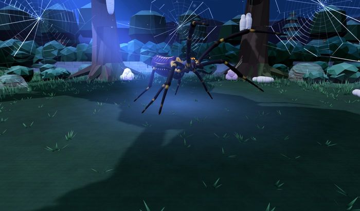 The Gilded Weaver rearing up in her clearing, fangs out.