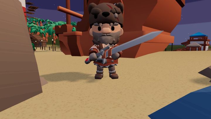 The Wreck Captain: a bearded brute in a bear-skin hat, sword in hand, in front of the wrecked ship.