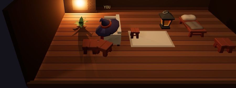 Inside a player's house: a lamp-lit wooden room with a bed, a rug, a lantern and a plant.