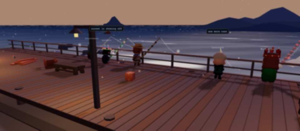 Anglers fishing off the wooden pier at dusk, lamps along the rail and hills across the water.