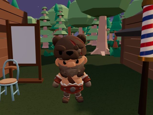 The Barber, a bear-hatted townsman beside a barber's pole