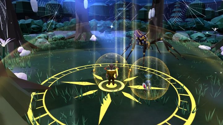 A Cleric's golden sun sigil spread across the grass, two crewmates safe inside golden bubbles, the Gilded Weaver looming above them.