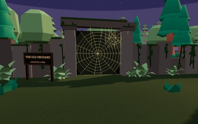 The far wall of the Garden: a stone gate hung with golden webs and a sign that reads The Old Orchard, mind the webs.