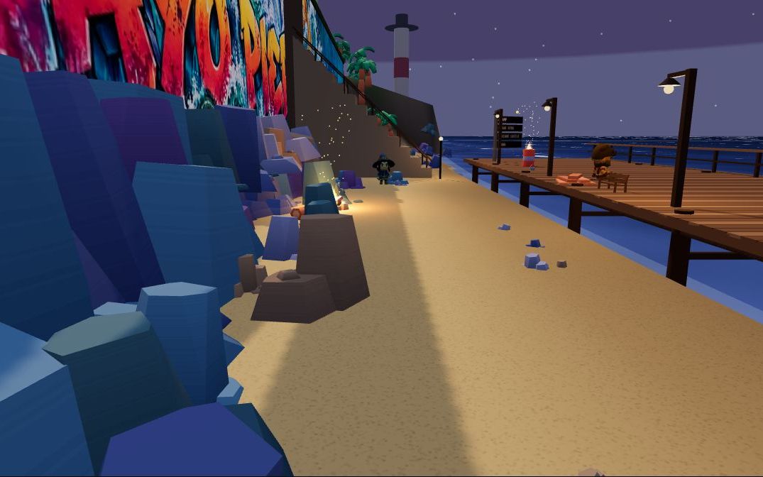 The Strand at dusk: a sandy path under a painted cliff wall, with the pier running out over the sea.
