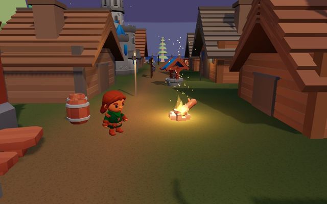 The town at night: wooden houses, a small campfire and a red-haired adventurer.